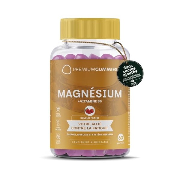 Citrate de magnésium Gommes 90 mg avec vitamine B6 - Saveur fraise - Énergie, muscles et système nerveux - Sans sucre - Végan
