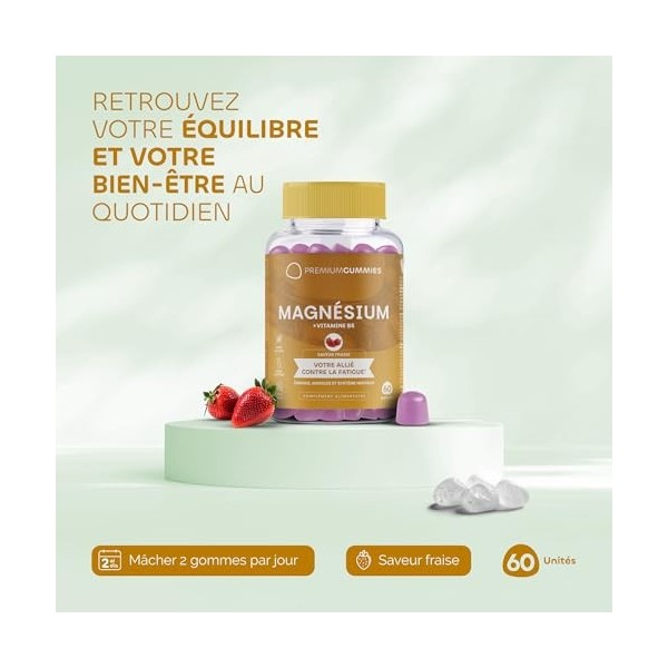 Citrate de magnésium Gommes 90 mg avec vitamine B6 - Saveur fraise - Énergie, muscles et système nerveux - Sans sucre - Végan