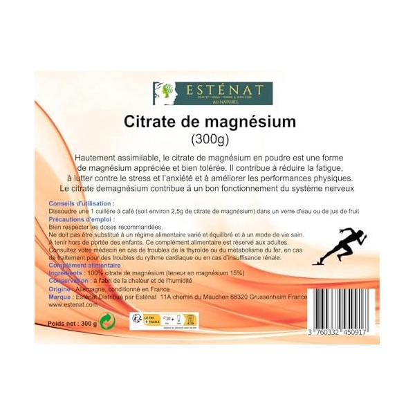 Citrate de magnésium pur 300G | 2500 mg | 4 mois de traitement | énergie et récupération rapide | haute biodisponibilité | l