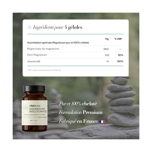 Vitalience - Magnésium Bisglycinate Chélaté 300mg + Vitamine B6-120 Gélules - Haute Absorption - Réduit la Fatigue, Stress & 