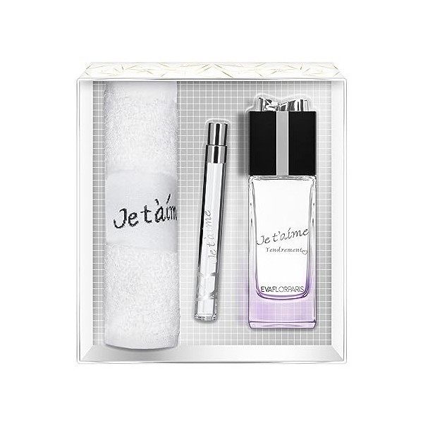 EVAFLORPARIS Je TAime Tendrement Coffret pour Femme Eau de Parfum 100 ml + Vapo de Sac 12 ml + Serviette Éponge Vaporisateur