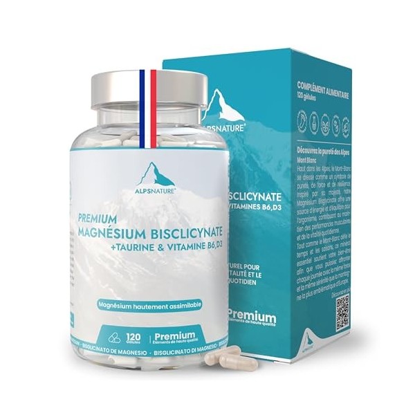 ALPS NATURE Magnésium Bisglycinate Haute Absorption 120 Gélules - Avec Taurine, Vitamines B6 Active et D3 - Magnésium pour St