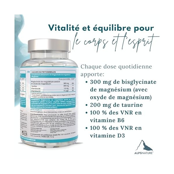 ALPS NATURE Magnésium Bisglycinate Haute Absorption 120 Gélules - Avec Taurine, Vitamines B6 Active et D3 - Magnésium pour St