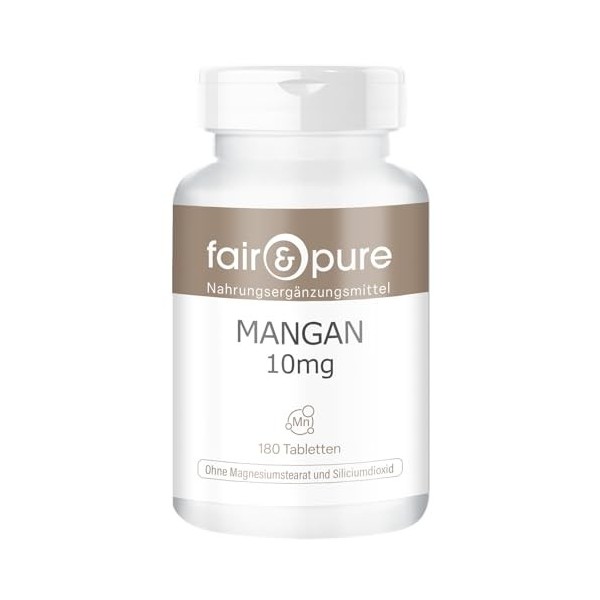 Fair & Pure Manganèse 10mg, 180 comprimés, 10mg de manganèse par comprimé, complément alimentaire végétalien sans additifs, f