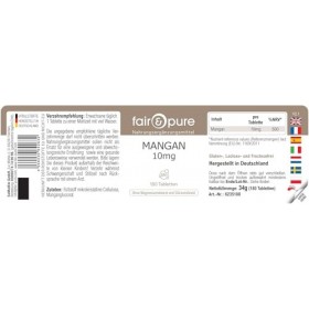 Fair & Pure Manganèse 10mg, 180 comprimés, 10mg de manganèse par comprimé, complément alimentaire végétalien sans additifs, f