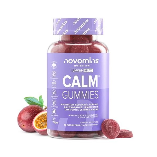 Gommes à mâcher au glycinate de magnésium – Gommes calmantes avec 450 mg de glycinate de magnésium, ashwagandha, glycine, cam