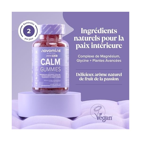 Gommes à mâcher au glycinate de magnésium – Gommes calmantes avec 450 mg de glycinate de magnésium, ashwagandha, glycine, cam