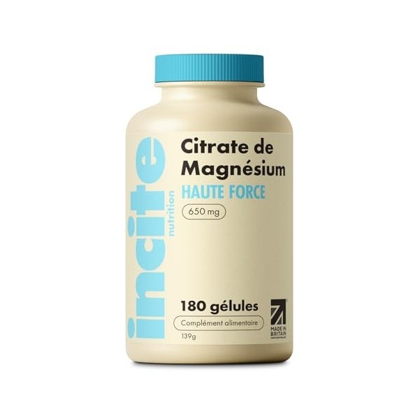 Incite Nutrition Magnésium Citrate 650 mg. Complément en Magnésium Puissant. 180 Gélules. Stock de 6 Mois. Soutient la Foncti