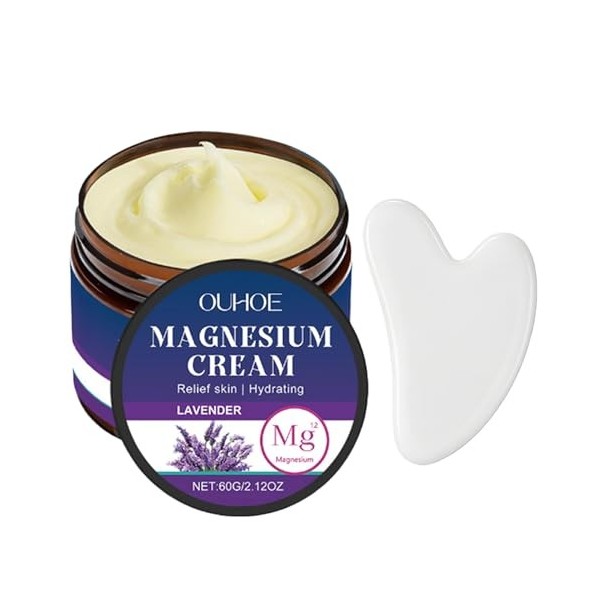 Crème de Magnésium+Gua Sha Pierre,Beurre de Magnésium,Hydratant et apaisant,Contient de la Lavande, de lallantoïne,de lhuil