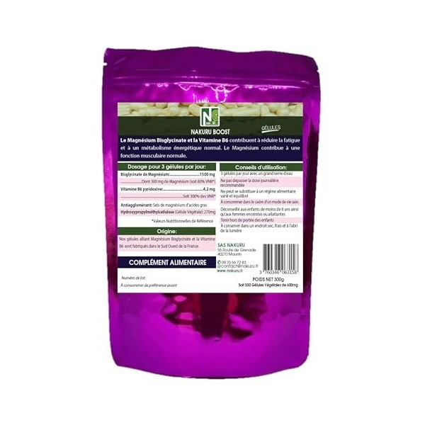 NAKURU | Magnésium Bisglycinate | Gamme Boost | Fabriqué en France | "Le Fossoyeur de Stress !" 500 Gélules Végétales Magnésium