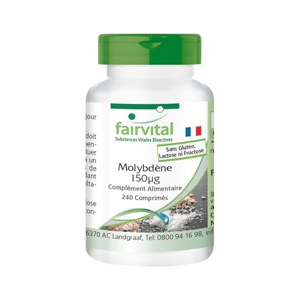 Fairvital | Molybdène 150μg - 240 comprimés - Molybdate de sodium - Qualité contrôlée et hautement dosé - 100% végétalien - F
