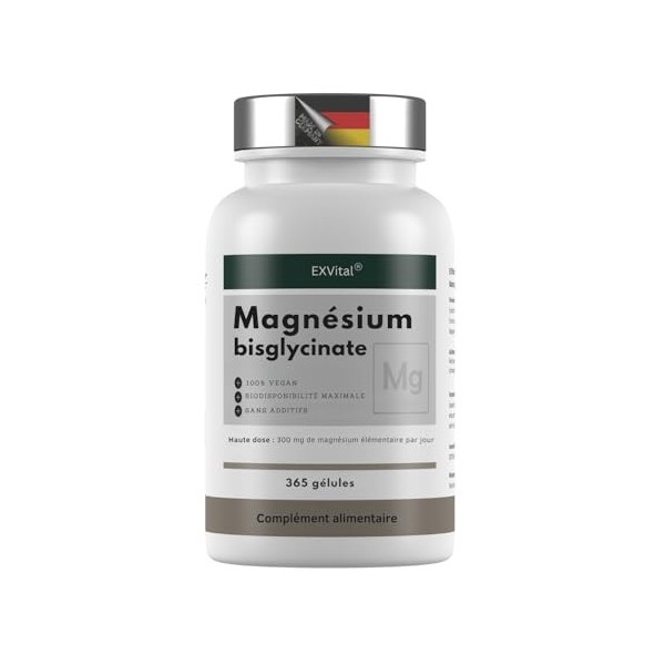 Magnésium bisglycinate, 365 gélules véganes – 300 mg de magnésium élémentaire par dose quotidienne, bisglycinate de magnésium