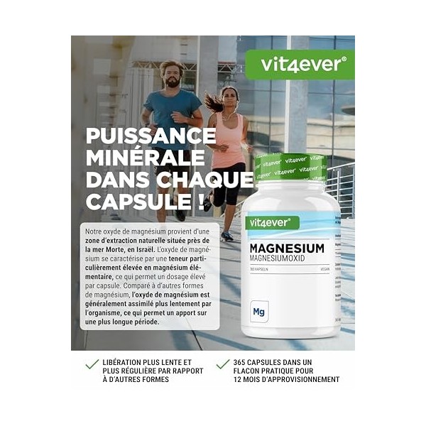 Magnésium à haute dose - 365 gélules réserve annuelle - 667 mg dont 400 mg de magnésium élémentaire par dose journalière à 