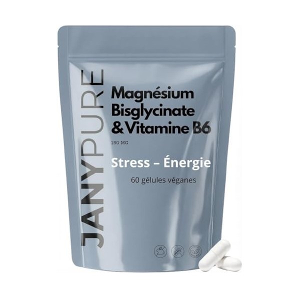 Magnésium Bisglycinate 150mg + Vitamine B6 P5P - Stress Sommeil Fatigue Triple Action - Haute Absorption Digestion Facile - 6