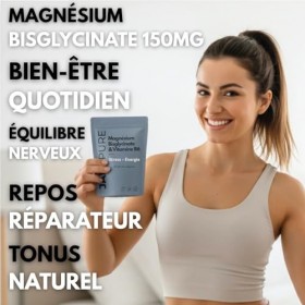 Magnésium Bisglycinate 150mg + Vitamine B6 P5P - Stress Sommeil Fatigue Triple Action - Haute Absorption Digestion Facile - 6
