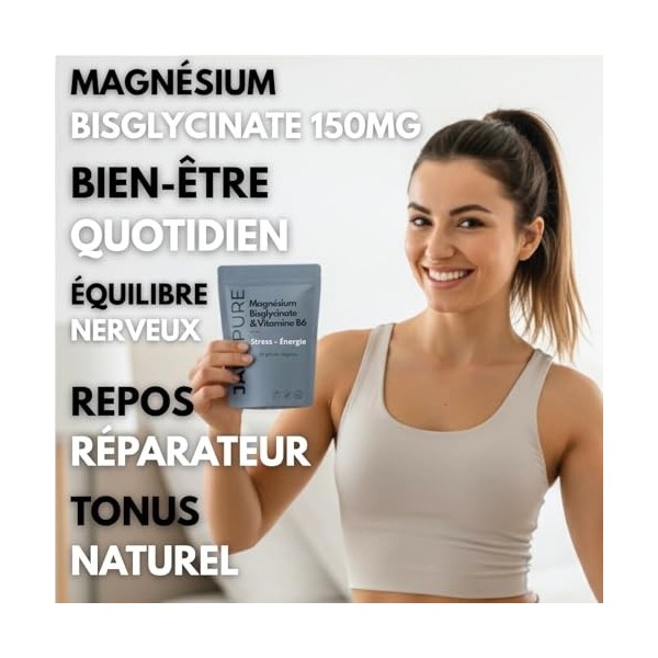 Magnésium Bisglycinate 150mg + Vitamine B6 P5P - Stress Sommeil Fatigue Triple Action - Haute Absorption Digestion Facile - 6