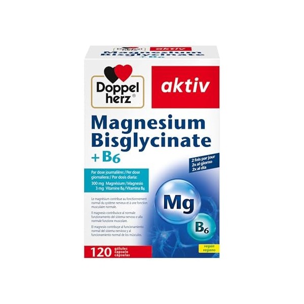Doppelherz Magnesium Bisglycinate + B6 – Haute biodisponibilité – Réduction de la fatigue – Fonction musculaire et nerveuse –