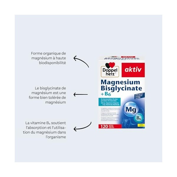 Doppelherz Magnesium Bisglycinate + B6 – Haute biodisponibilité – Réduction de la fatigue – Fonction musculaire et nerveuse –