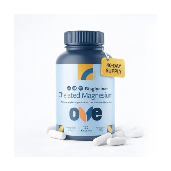Magnésium Chélate 225 mg – Haute biodisponibilité & haute dose – 120 Gélules Véganes – Bisglycinate de Magnésium Pur – Sans A