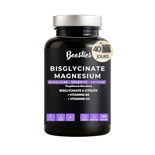 BOOSTIES Magnésium Bisglycinate, Enrichie vitamine B6 & D3– 1927 mg de magnésium - Haute Absorption – Réduction de la Fatigue