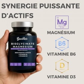 BOOSTIES Magnésium Bisglycinate, Enrichie vitamine B6 & D3– 1927 mg de magnésium - Haute Absorption – Réduction de la Fatigue