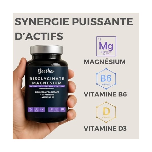 BOOSTIES Magnésium Bisglycinate, Enrichie vitamine B6 & D3– 1927 mg de magnésium - Haute Absorption – Réduction de la Fatigue