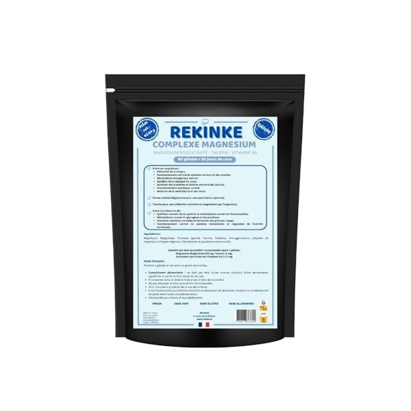 Magnésium bysglicinate complexe avec B6 et Taurine 60 gélules REKINKE
