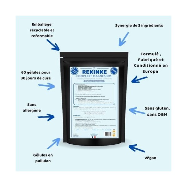 Magnésium bysglicinate complexe avec B6 et Taurine 60 gélules REKINKE