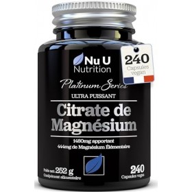 Magnésium Citrate 1480mg - 240 Capsules Végétaliennes - Fournissant 444mg de Magnésium Élémentaire - Cure de 4 Mois - Complém