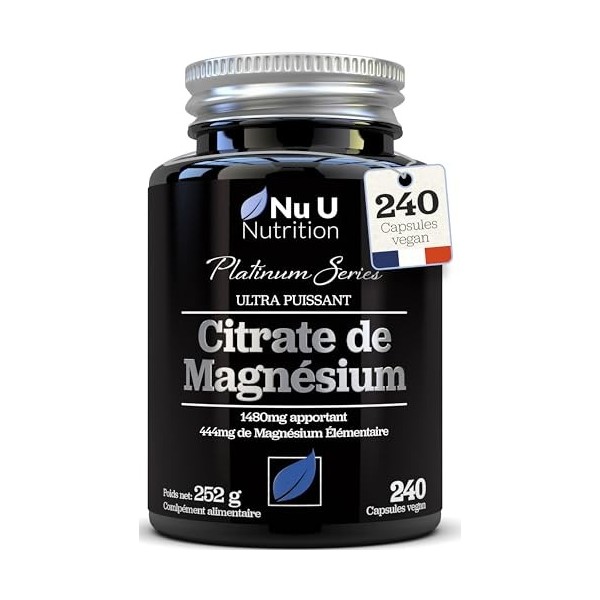 Magnésium Citrate 1480mg - 240 Capsules Végétaliennes - Fournissant 444mg de Magnésium Élémentaire - Cure de 4 Mois - Complém