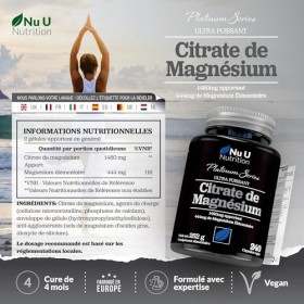 Magnésium Citrate 1480mg - 240 Capsules Végétaliennes - Fournissant 444mg de Magnésium Élémentaire - Cure de 4 Mois - Complém
