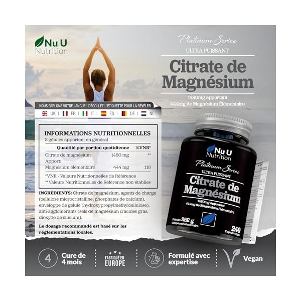 Magnésium Citrate 1480mg - 240 Capsules Végétaliennes - Fournissant 444mg de Magnésium Élémentaire - Cure de 4 Mois - Complém