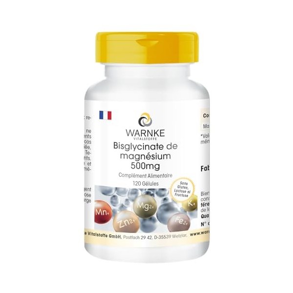 Bisglycinate de magnésium 500mg - 120 capsules - 300mg de magnésium élémentaire par dose quotidienne - DOSE ÉLEVÉE - Qualité 