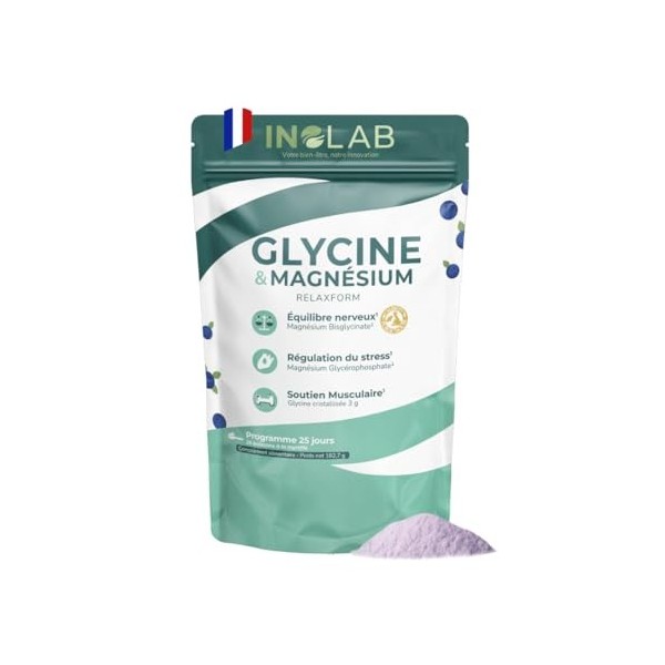 INOLAB I Relaxation Sommeil Anti Stress I Glycine Cristallisée 3g + Magnésium Bisglycinate Albion TRAACS® +Givomag™ I 25 bois
