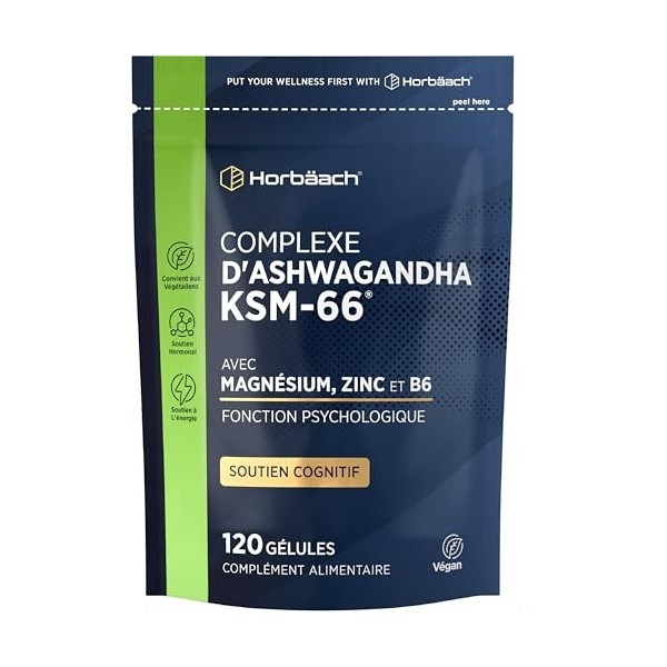 Magnésium et Ashwagandha KMS-66 | 120 Gélules Vegan | Complément Alimentaire Avec Ashwagandha Zinc Magnesium | Vitamine B6 | 