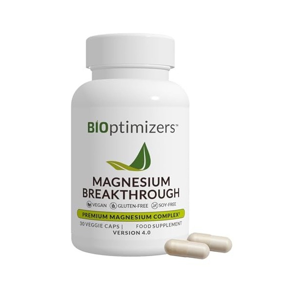 BiOptimizers Magnesium Breakthrough 4.0 Complexe 7-En-1, 30 Gélules Véganes – Magnesium Bisglycinate, Malate, Taurate Et Citr...
