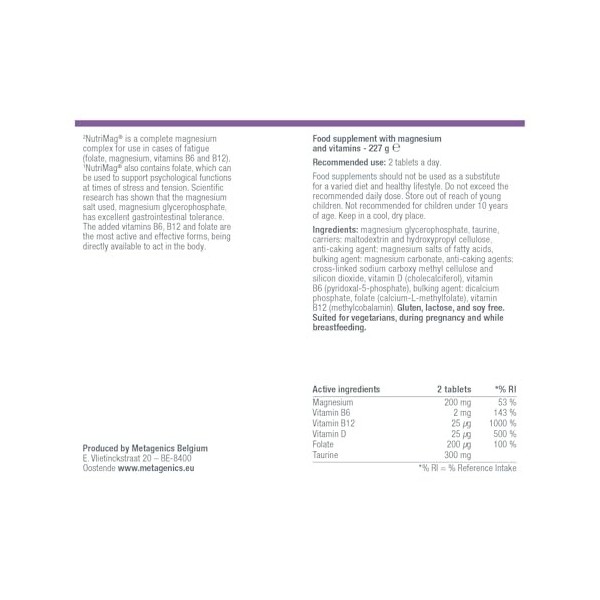 Metagenics NutriMag - Triple Action - Stress, Fatigue, Tensions - Magnésium, Vitamine D & B6, Folate - 180 comprimés Magnésium