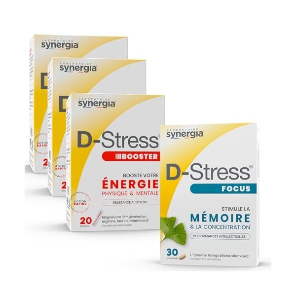 Pack « Mémoire & Concentration » | 3 D-Stress BOOSTER 20 Sachets + D-Stress FOCUS 30 Comprimés | Examens, Entretien, Rentrée 