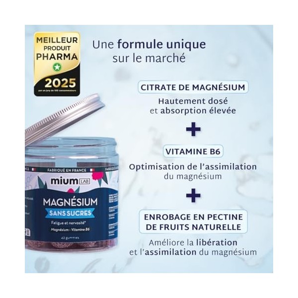 Mium Lab - Citrate de Magnésium Hautement dosé 300mg - Réduit la fatigue, le stress et la nervosité - Vitamine B6 - Éco-rec M...
