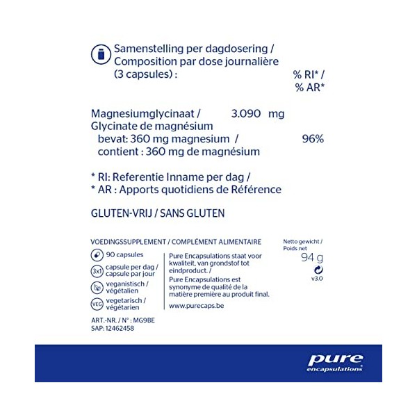 Pure Encapsulations - Glycinate de Magnésium 120mg - Magnésium Chélaté Biodisponible - Complément Anti-Fatigue - 90 Gélules V