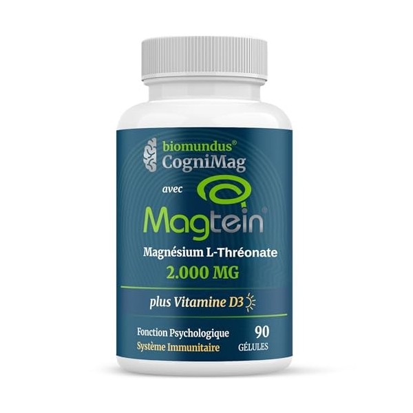 L-Thréonate de Magnésium Magtein® 2000 mg biomundus + Vitamine D3 2000 UI par dose – Fonction cérébrale optimale, sommeil, mé