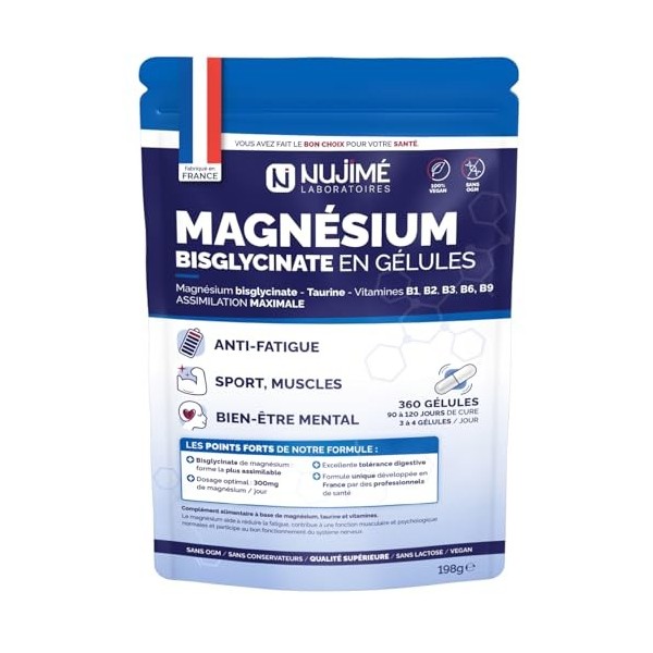 Magnésium Bisglycinate + Vitamine B6 et Taurine | Dosage idéal 300mg / jour | Meilleure absorption que le Magnésium Marin | F...