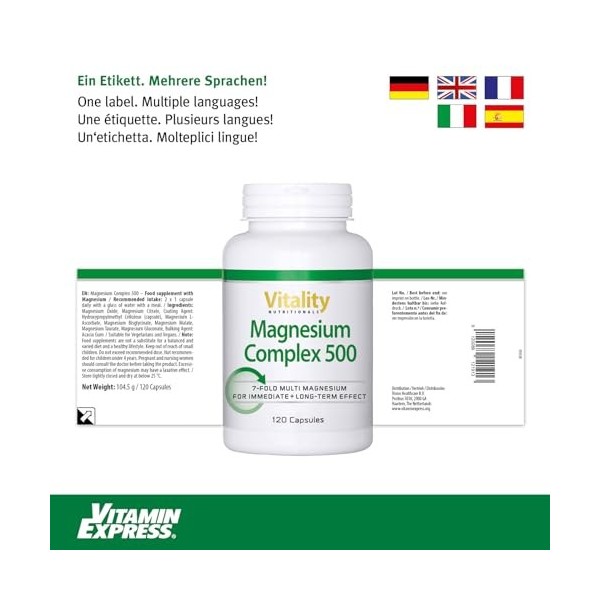 VitaminExpress Vitality Nutritionals - Complexe de magnésium 500 composé de 7 composés différents de magnésium : citrate, gly