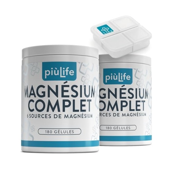 Magnesium Complex 6 Sources – 300 mg par jour, Haute Biodisponibilité – 360 Gélules PiùLife, avec Magnesium Bisglycinate, Cit...
