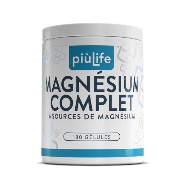 Magnesium Complex 6 Sources – 300 mg par jour, Haute Biodisponibilité – 360 Gélules PiùLife, avec Magnesium Bisglycinate, Cit...