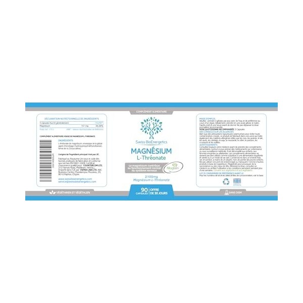 Magnésium L-Thréonate 2100 mg Dose Quotidienne – Magtein, Approvisionnement 30 Jours – Fournit 151 mg de Magnésium Élémentair