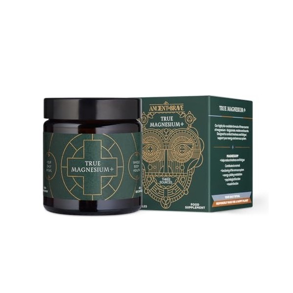 Ancient + Brave - True Magnesium+ - Gélules - 3-en-1 : Magnésium Glycinate, Malate et Taurate - 60 Gélules Végétaliennes - Co