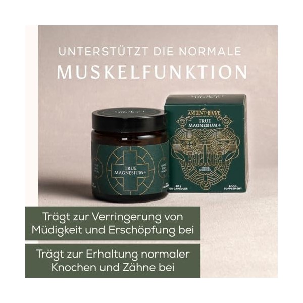 Ancient + Brave - True Magnesium+ - Gélules - 3-en-1 : Magnésium Glycinate, Malate et Taurate - 60 Gélules Végétaliennes - Co