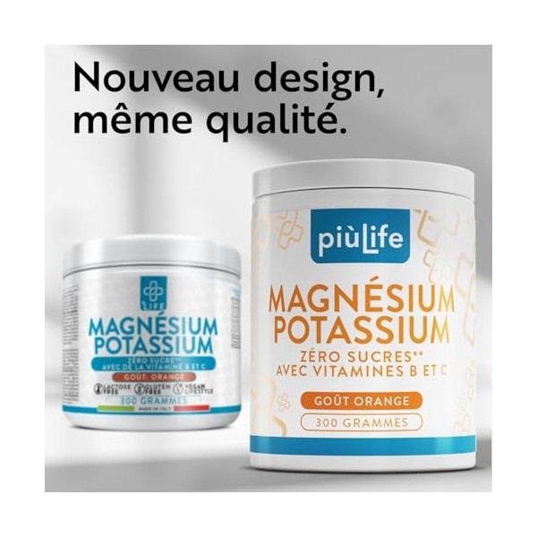 Potassium Magnesium Poudre 600g Orange PiùLife, Avec Vitamine B12, B6, B1, Acide Folique, Vitamine C, Complement Alimentaire ...