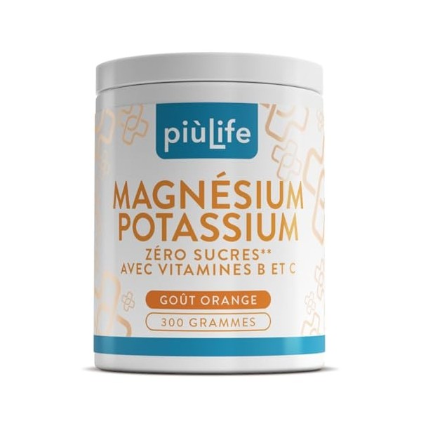 Potassium Magnesium Poudre 600g Orange PiùLife, Avec Vitamine B12, B6, B1, Acide Folique, Vitamine C, Complement Alimentaire ...